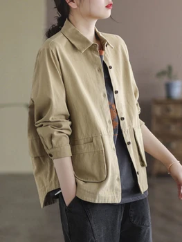 2023 Весна-осень, женские свободные короткие пальто в новом художественном стиле с длинным рукавом, универсальные повседневные хлопковые куртки с двойными карманами