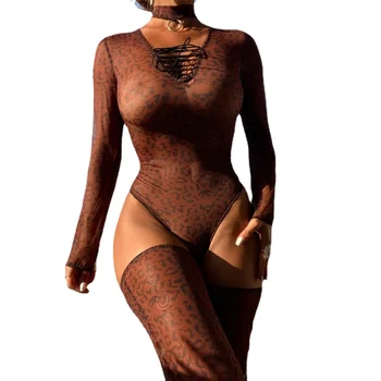 Сексуальное женское белье с леопардовым принтом, сетчатое боди, женский облегающий корсет, кружевная пижама с длинными рукавами, интимный экзотический костюм, Новинка 2023 года