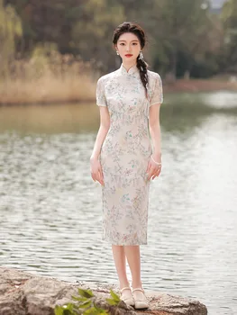 Традиционное жаккардовое шифоновое китайское женское вечернее платье Ципао длиной до колен в стиле ретро с воротником-стойкой 
