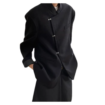 Мужские винтажные блейзеры с воротникомстойкой в китайском стиле, черно-белые блейзеры, куртка размера S M