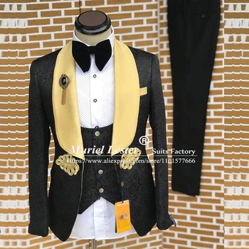 Элегантные мужские костюмы для свадьбы Жаккардовый блейзер с золотым отворотом, сшитый на заказ, смокинг для жениха, 3 предмета, куртка, жилет, брюки
