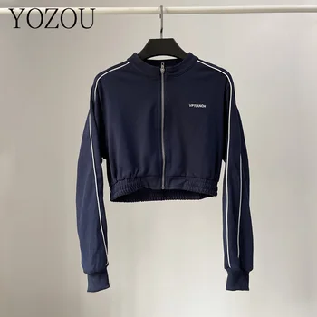 [YOZOU] Весенняя укороченная короткая куртка на молнии, Женские синие Белые Черные Корейские топы, толстовка, бейсбольное пальто для девочек на открытом воздухе