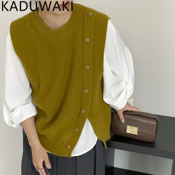 Простой однотонный свитер-жилет для женщин 2023, Осенний однобортный вязаный жилет с разрезом, Шикарные винтажные топы в корейском стиле для женщин