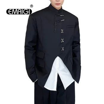 Блейзеры со стоячим воротником в Китайском стиле Мужские, Японско-Корейская уличная одежда, Винтажная мода для кампуса, Повседневный Свободный костюм, пиджак, Блейзер, Мужское пальто